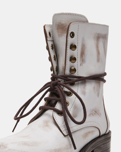 DEVIE White Leather Lace-Up Combat Bootie | Women's Booties | Steve Madden Hot Sale