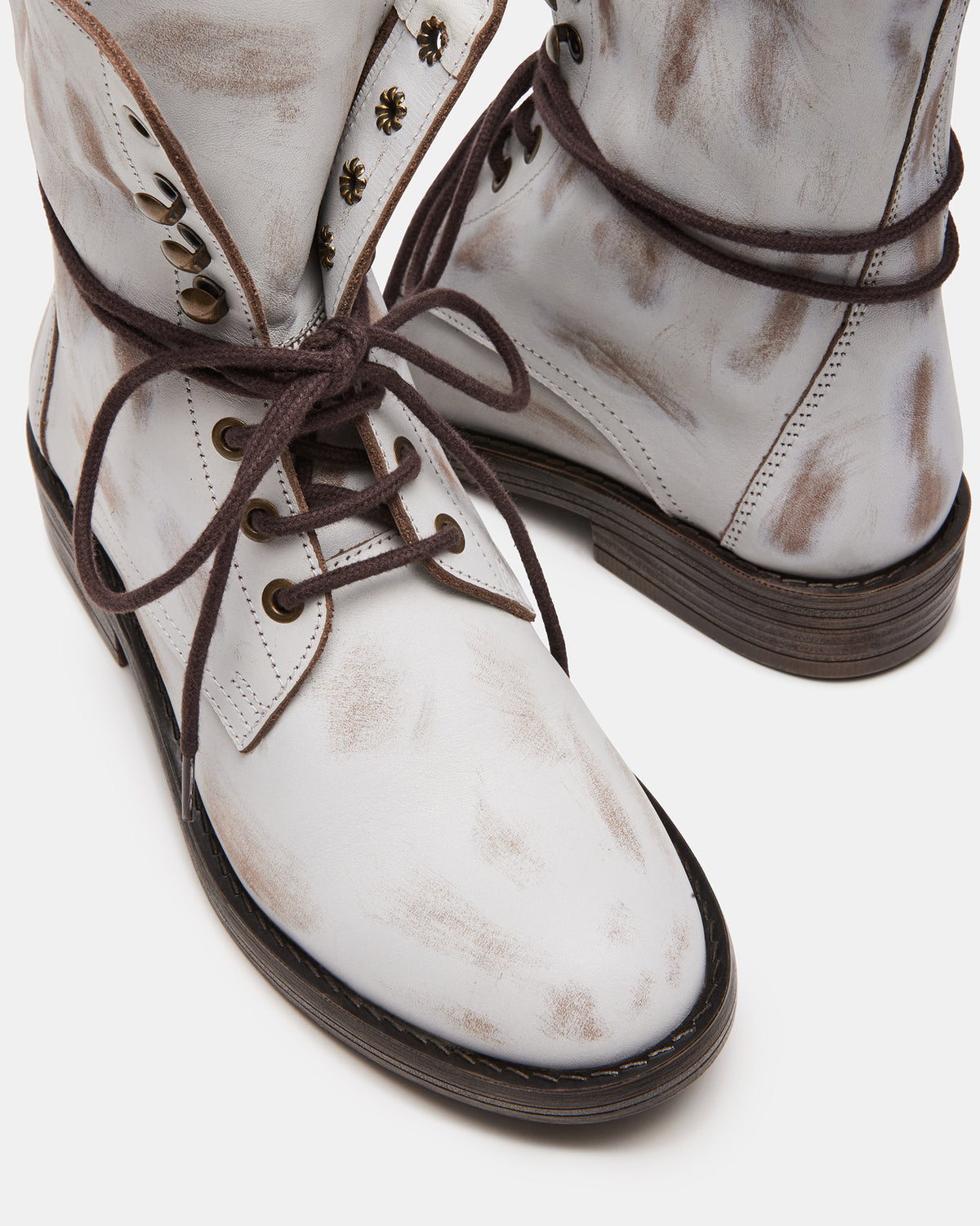 DEVIE White Leather Lace-Up Combat Bootie | Women's Booties | Steve Madden Hot Sale