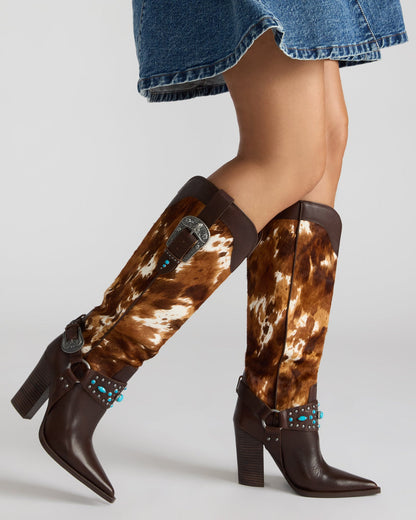 KOLT-H Brown Multi Pointed-Toe Knee-High Western Block Heel Women's Boot | Steve Madden Deals