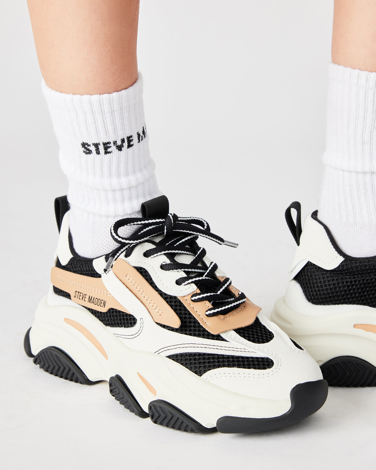 POSSESSION Black/Tan Platform Lace-Up Women's Sneaker | Steve Madden Trusted