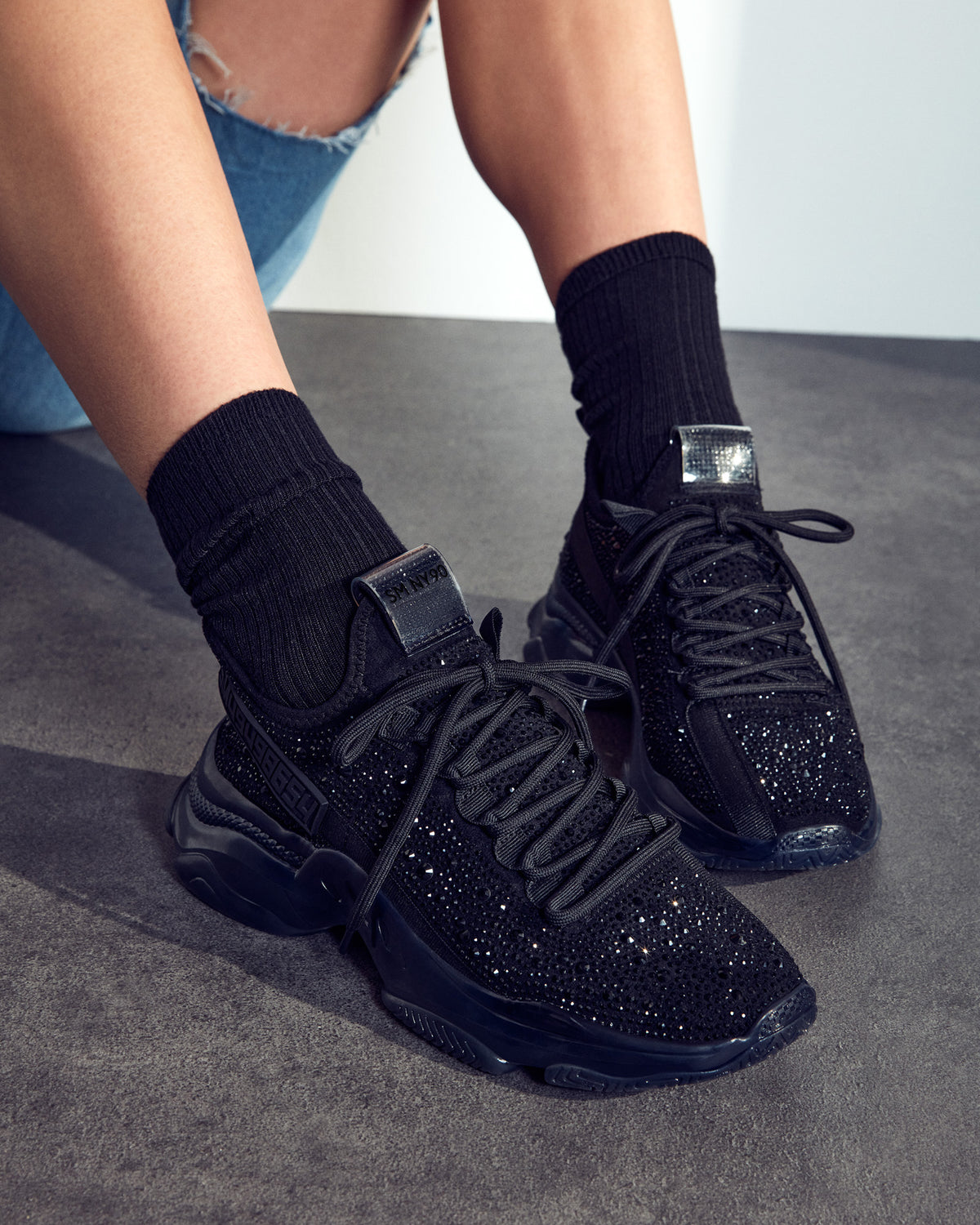 MAXIMA Black Rhinestones Women's Sneakers | Steve Madden Trusted