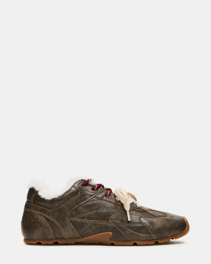 AZIEL Faux Fur Brown Distressed Low-Top Lace-Up Women's Sneakers | Steve Madden Deals