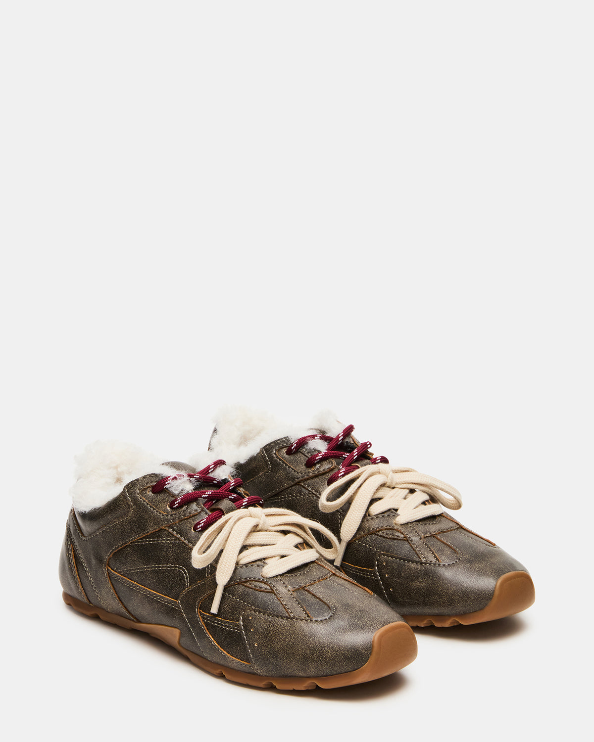 AZIEL Faux Fur Brown Distressed Low-Top Lace-Up Women's Sneakers | Steve Madden Deals