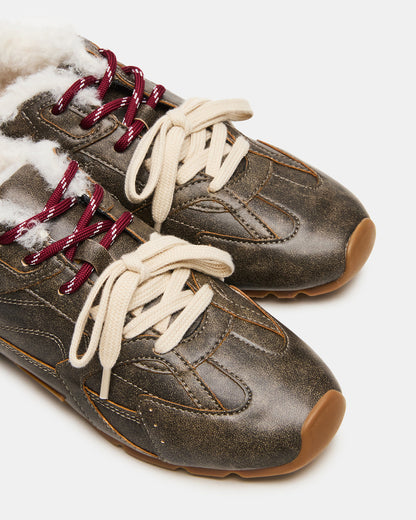 AZIEL Faux Fur Brown Distressed Low-Top Lace-Up Women's Sneakers | Steve Madden Deals