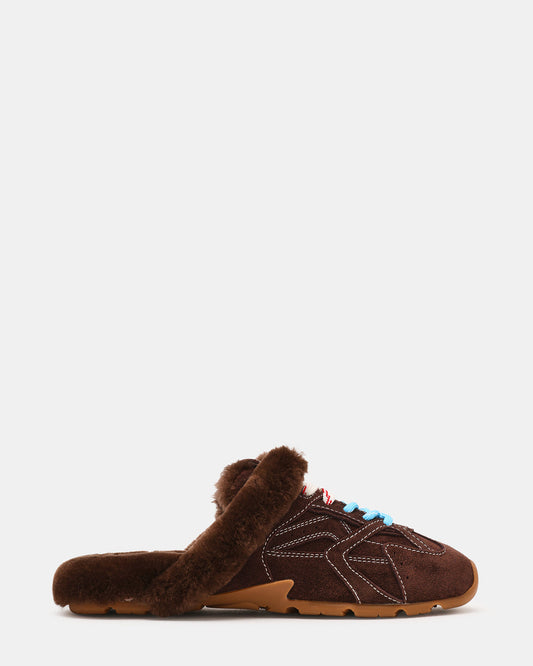 AZIEL MULE Faux Fur Chocolate Brown Suede Low-Top Lace-Up Slip-On Women's Sneaker | Steve Madden Top Pick