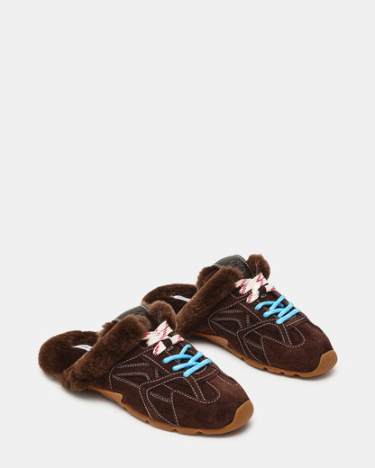 AZIEL MULE Faux Fur Chocolate Brown Suede Low-Top Lace-Up Slip-On Women's Sneaker | Steve Madden Top Pick