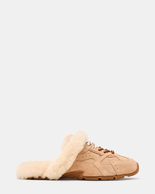 AZIEL MULE Faux Fur Natural Low-Top Lace-Up Slip-On Women's Sneaker | Steve Madden Customer Favorite