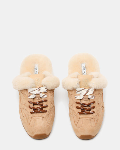 AZIEL MULE Faux Fur Natural Low-Top Lace-Up Slip-On Women's Sneaker | Steve Madden Customer Favorite