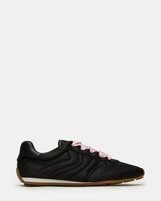 ABBI Black Satin Low-Top Lace-Up Women's Sneaker | Steve Madden Trusted