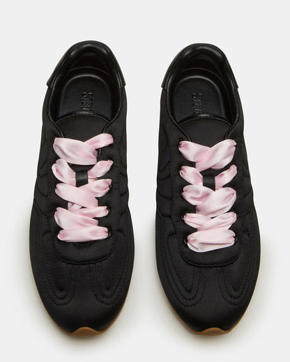 ABBI Black Satin Low-Top Lace-Up Women's Sneaker | Steve Madden Trusted