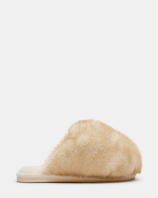 POOF Natural Slip-On Faux Fur Mule Women's Flat | Steve Madden Special Offer