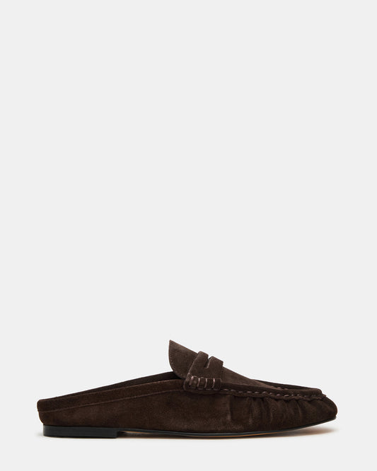 RAFE Chocolate Brown Suede Slip-On Mule Women's Flat | Steve Madden Trusted