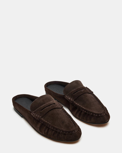 RAFE Chocolate Brown Suede Slip-On Mule Women's Flat | Steve Madden Trusted
