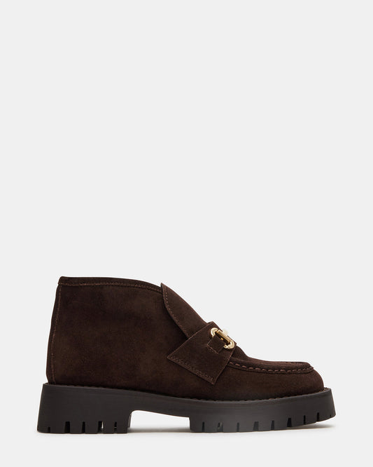 LEON Chocolate Brown Suede Platform Lug Sole Women's Loafer | Steve Madden Top Pick