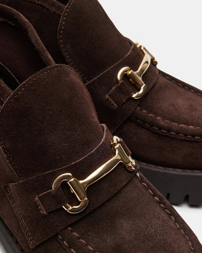 LEON Chocolate Brown Suede Platform Lug Sole Women's Loafer | Steve Madden Top Pick