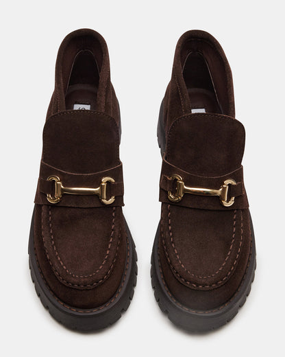 LEON Chocolate Brown Suede Platform Lug Sole Women's Loafer | Steve Madden Top Pick
