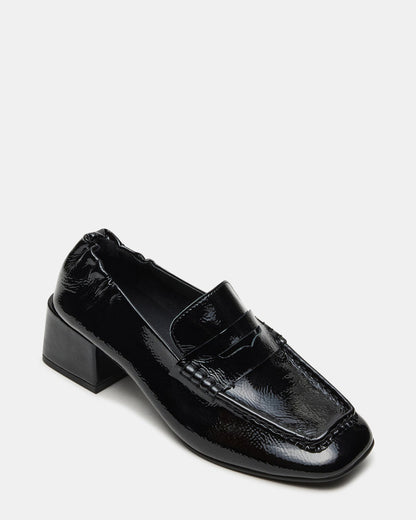 ESTEE Black Crinkle Patent Square-Toe Heeled Women's Loafer | Steve Madden Popular
