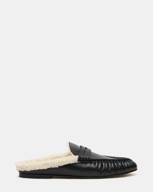 RAFE Faux Fur Black Leather Slip-On Mule Women's Flat | Steve Madden Smart Buy