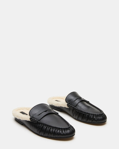 RAFE Faux Fur Black Leather Slip-On Mule Women's Flat | Steve Madden Smart Buy