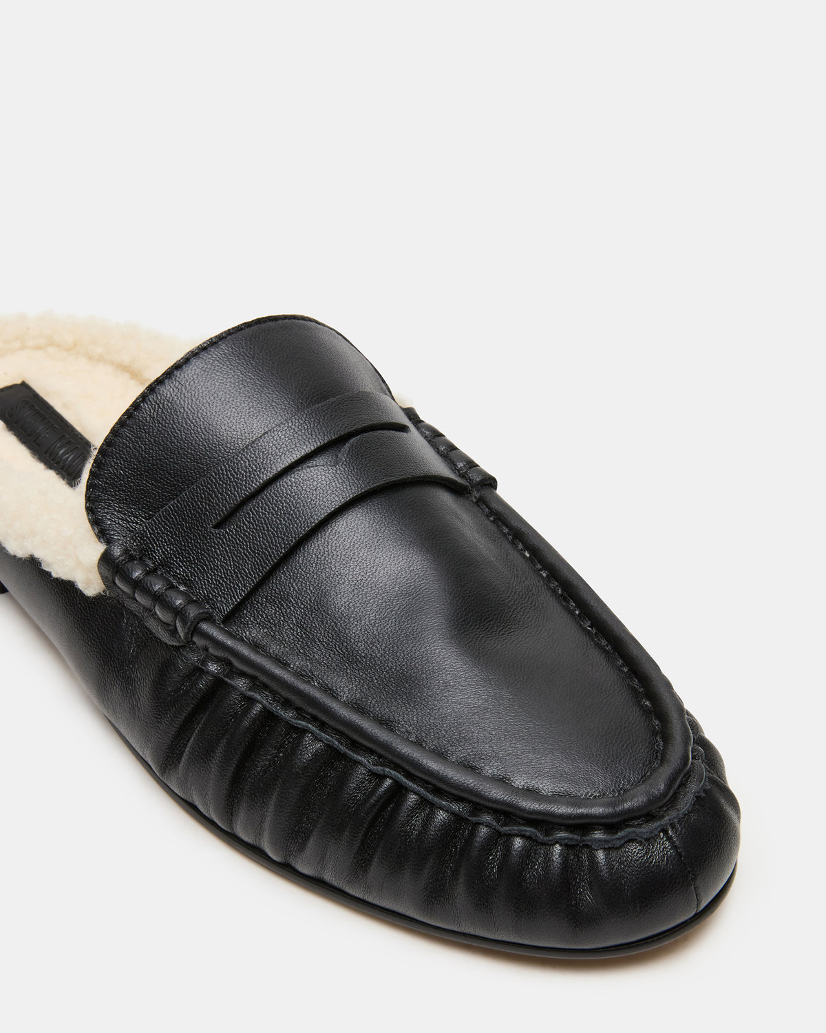 RAFE Faux Fur Black Leather Slip-On Mule Women's Flat | Steve Madden Smart Buy