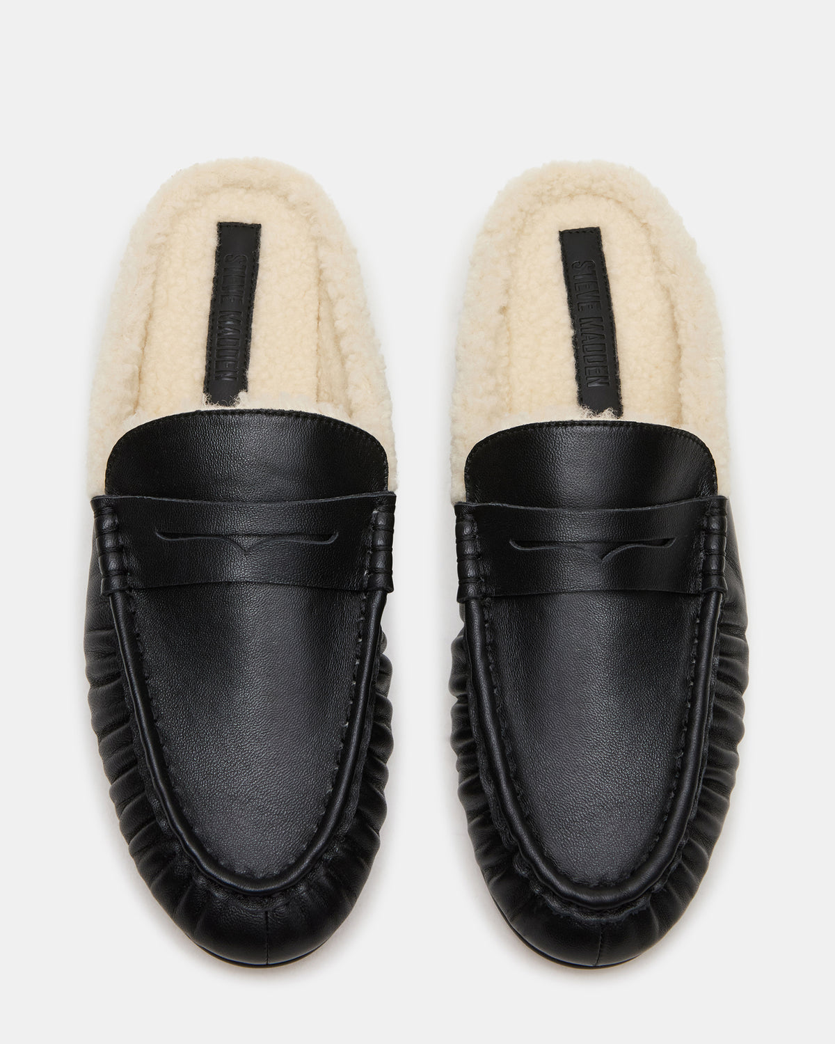 RAFE Faux Fur Black Leather Slip-On Mule Women's Flat | Steve Madden Smart Buy