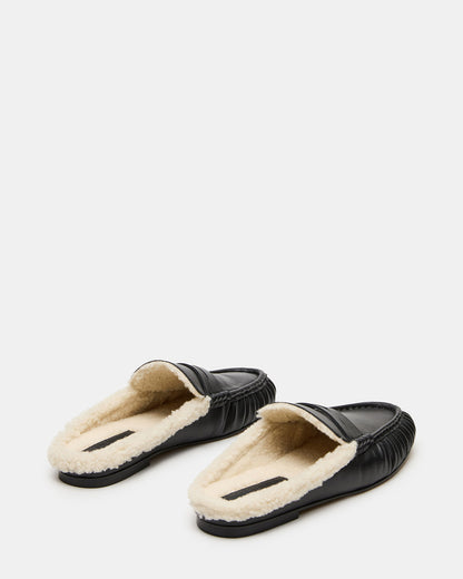 RAFE Faux Fur Black Leather Slip-On Mule Women's Flat | Steve Madden Smart Buy