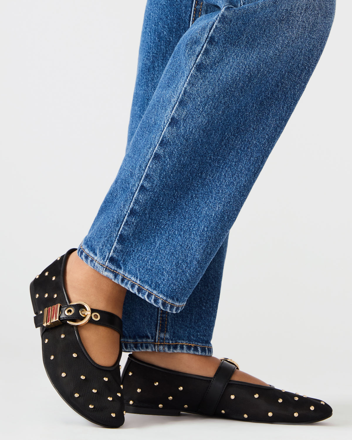 LUCIA Stud Black Multi Mesh Mary Jane Ballet Women's Flat | Steve Madden Premium