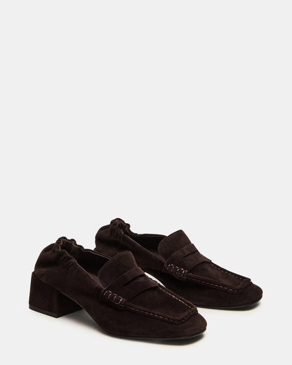 ESTEE Brown Suede Square-Toe Heeled Women's Loafer | Steve Madden Essential