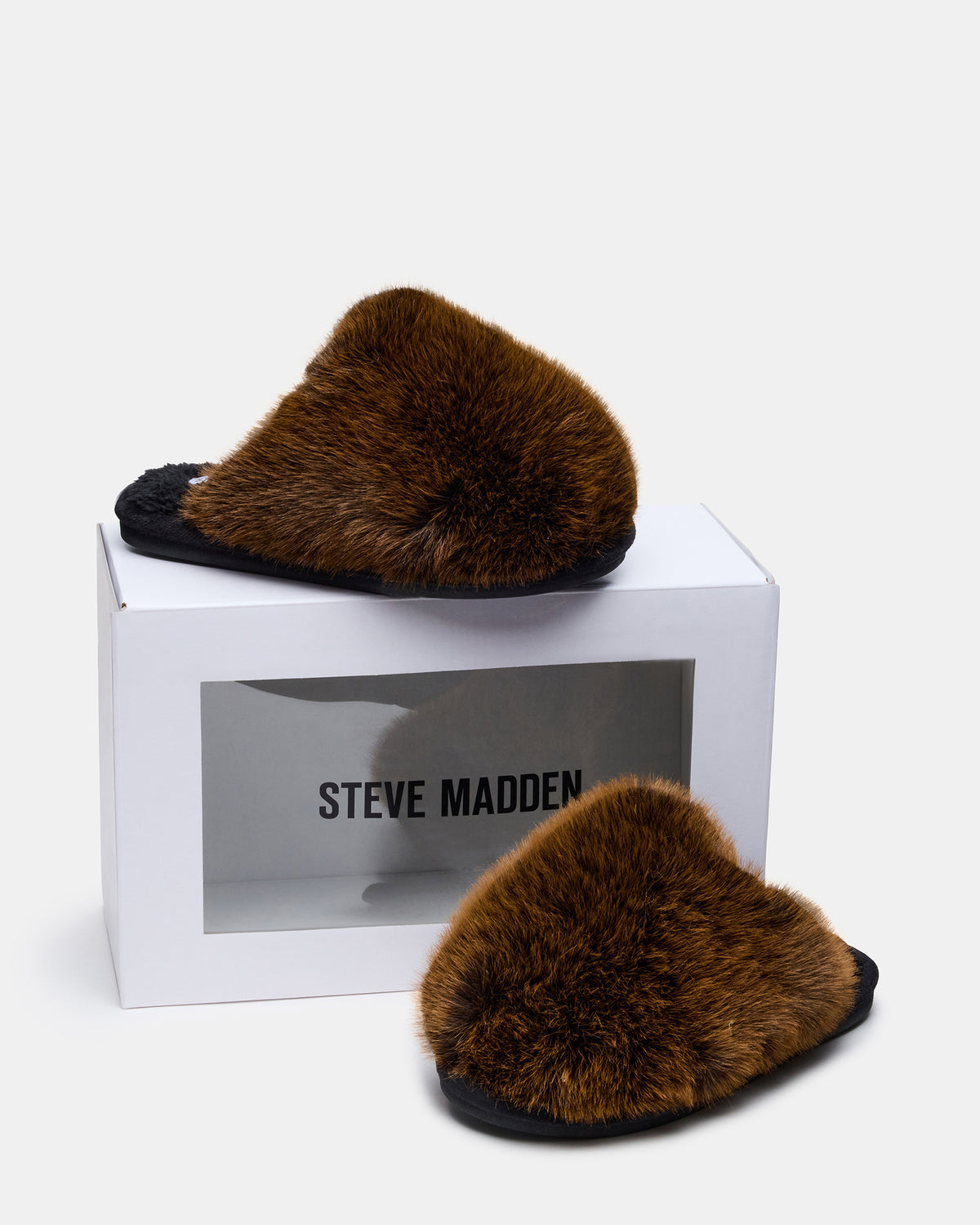 POOF Brown Slip-On Faux Fur Mule Women's Flat | Steve Madden Great Value