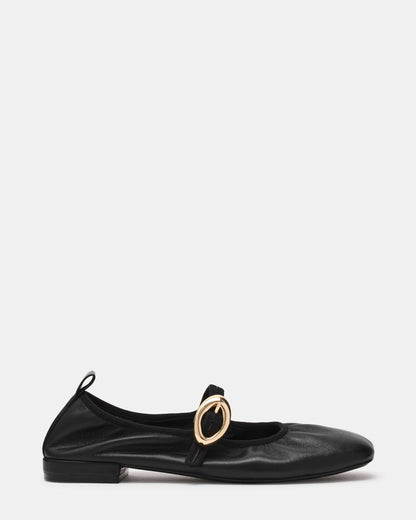 DAFFIA Black Leather Mary Jane Gold-Detail Buckle Ballet Women's Flat | Steve Madden Deals