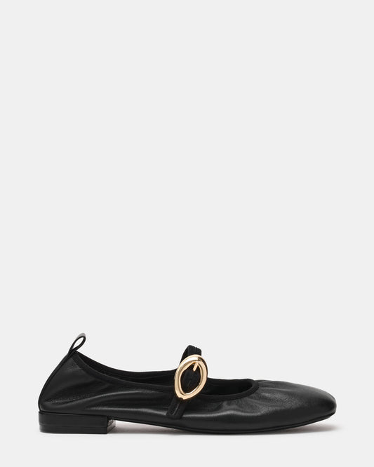 DAFFIA Black Leather Mary Jane Gold-Detail Buckle Ballet Women's Flat | Steve Madden Deals