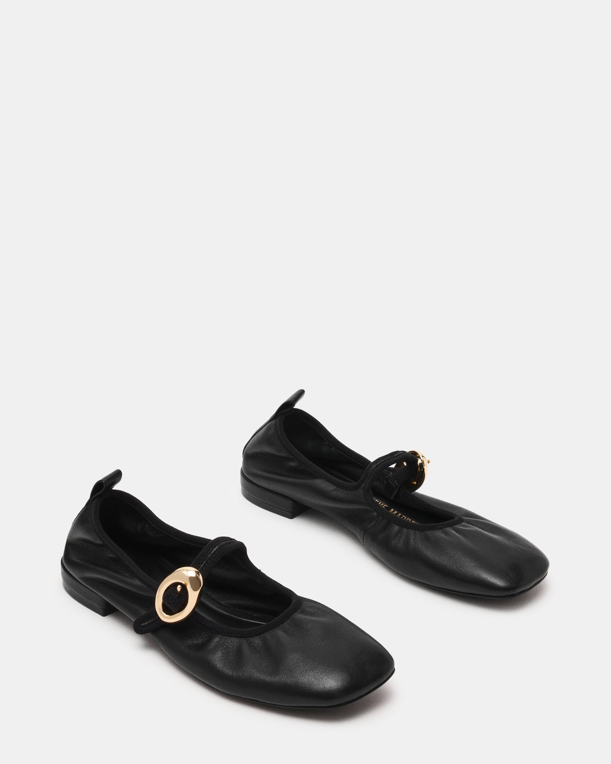 DAFFIA Black Leather Mary Jane Gold-Detail Buckle Ballet Women's Flat | Steve Madden Deals