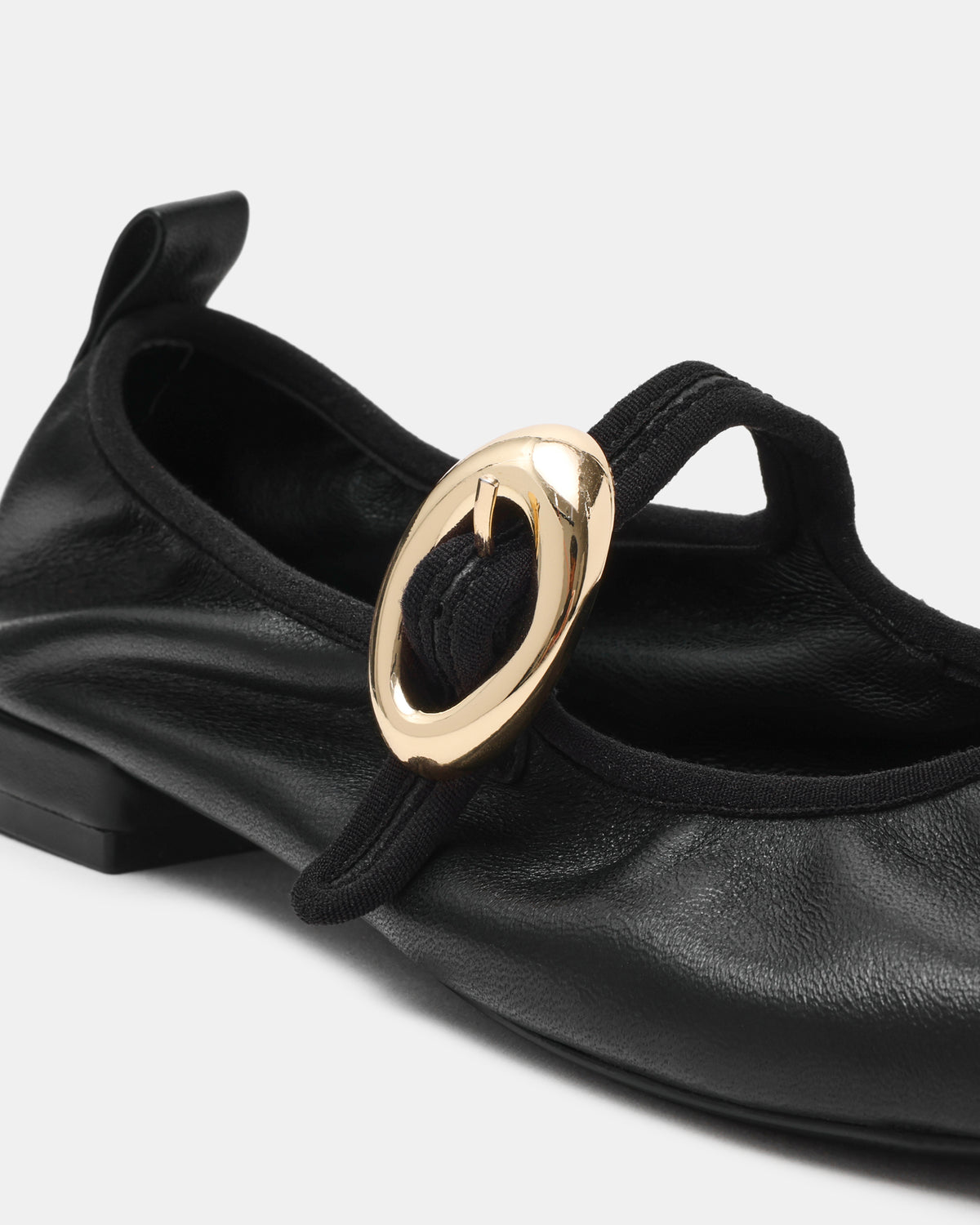 DAFFIA Black Leather Mary Jane Gold-Detail Buckle Ballet Women's Flat | Steve Madden Deals