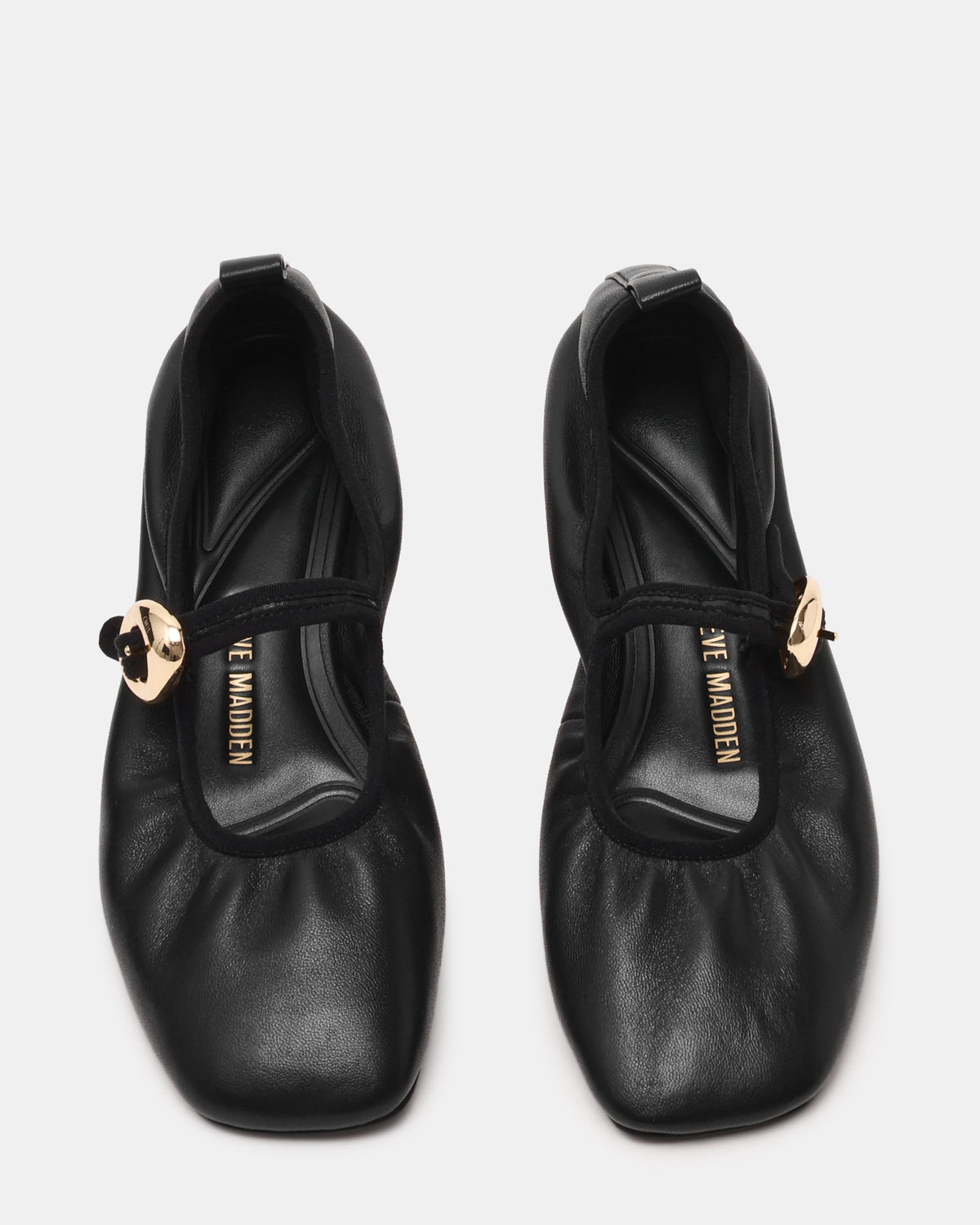 DAFFIA Black Leather Mary Jane Gold-Detail Buckle Ballet Women's Flat | Steve Madden Deals