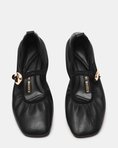 DAFFIA Black Leather Mary Jane Gold-Detail Buckle Ballet Women's Flat | Steve Madden Deals
