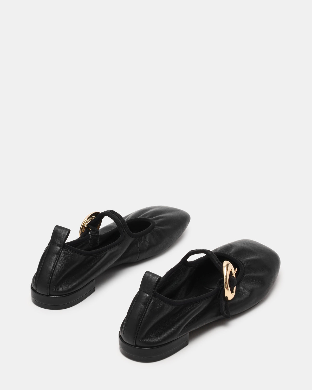 DAFFIA Black Leather Mary Jane Gold-Detail Buckle Ballet Women's Flat | Steve Madden Deals