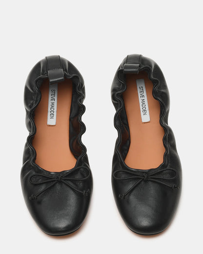 LANTI Black Leather Bow Round-Toe Women's Flat | Steve Madden New