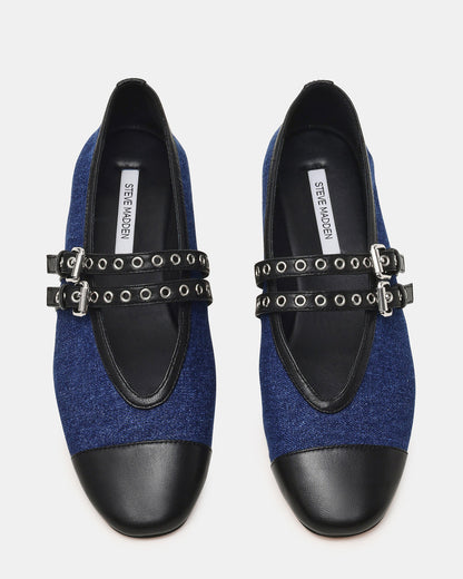 LYDIA Cap Black Denim Mary Jane Ballet Women's Flat | Steve Madden Discount