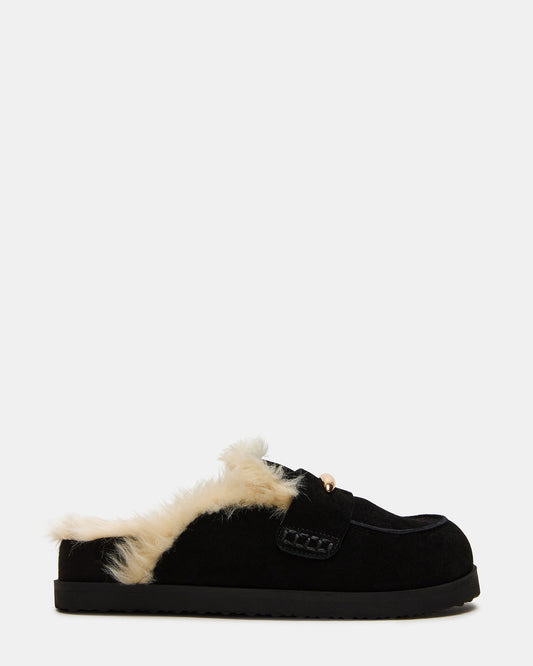TOBIN Faux Fur Black Suede Slip-On Mule Women's Flat | Steve Madden Best Seller
