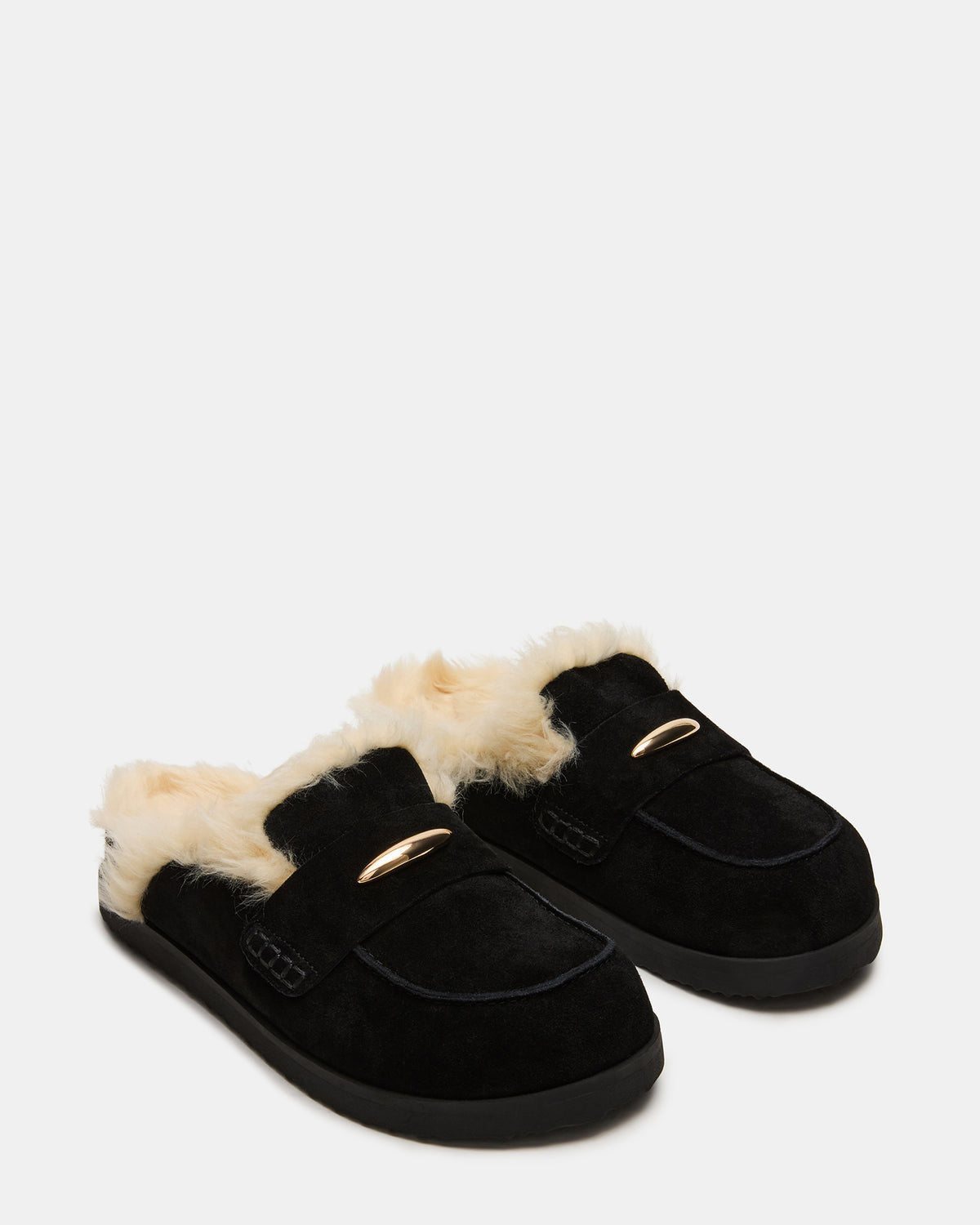 TOBIN Faux Fur Black Suede Slip-On Mule Women's Flat | Steve Madden Best Seller