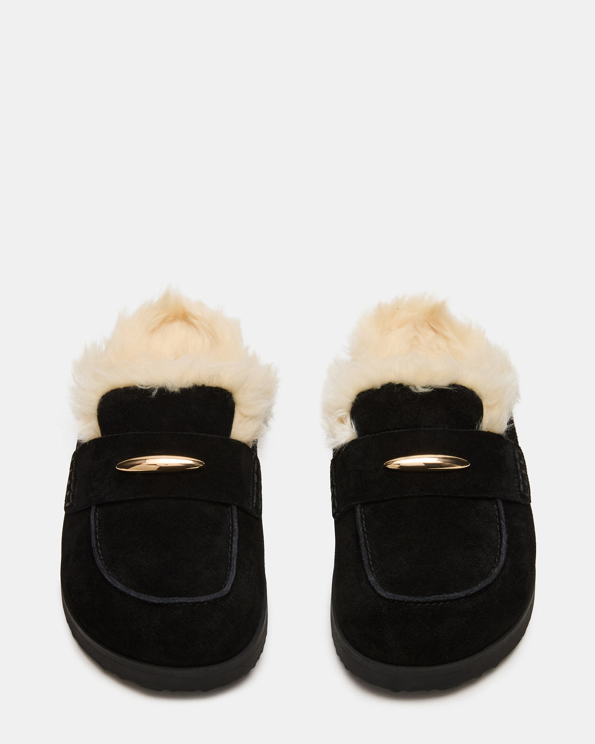 TOBIN Faux Fur Black Suede Slip-On Mule Women's Flat | Steve Madden Best Seller