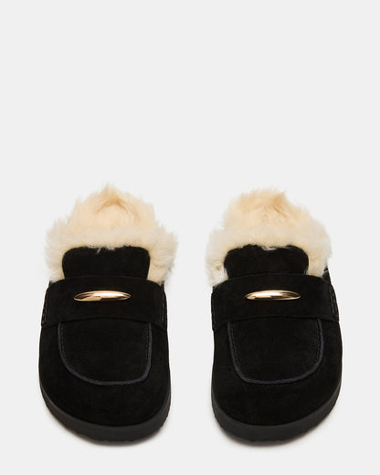 TOBIN Faux Fur Black Suede Slip-On Mule Women's Flat | Steve Madden Best Seller
