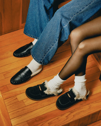 TOBIN Faux Fur Black Suede Slip-On Mule Women's Flat | Steve Madden Best Seller