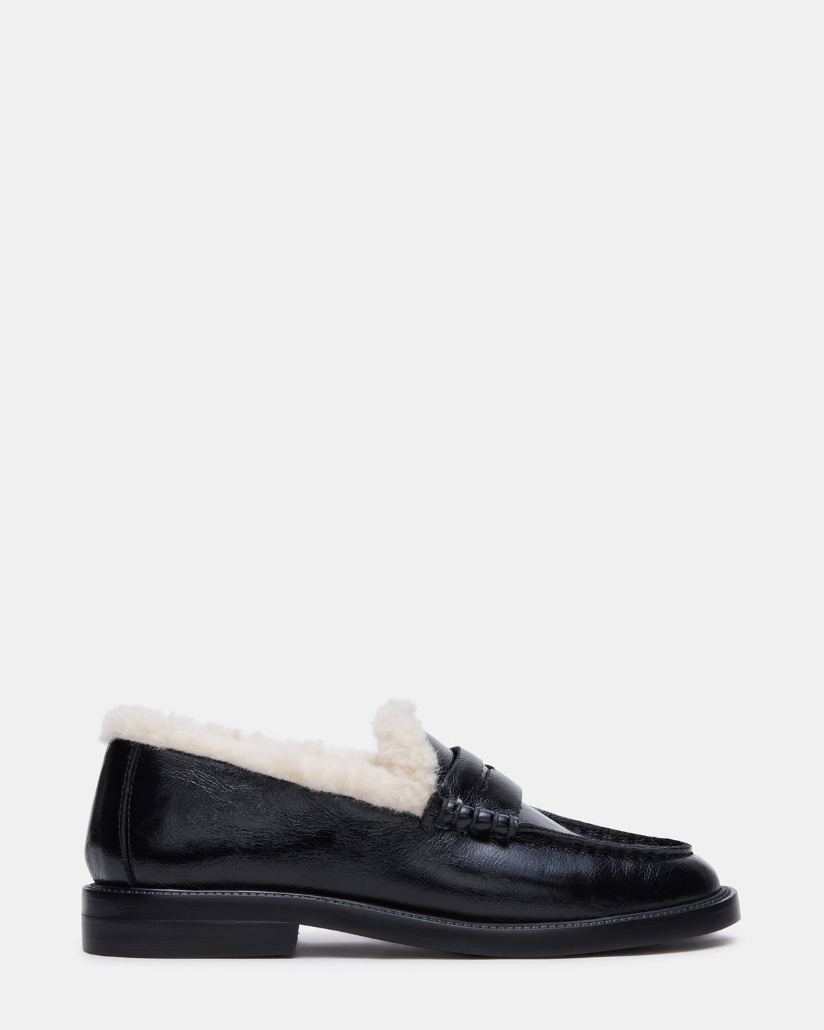 MADISON Faux Fur Black Leather Women's Penny Loafer | Steve Madden New