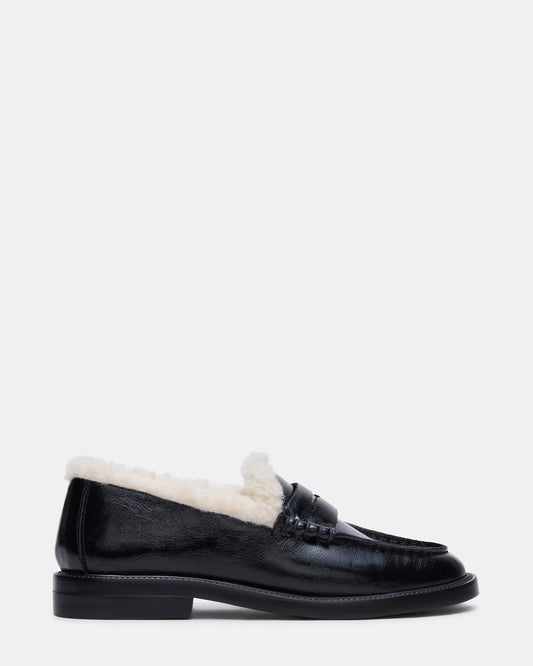 MADISON Faux Fur Black Leather Women's Penny Loafer | Steve Madden New