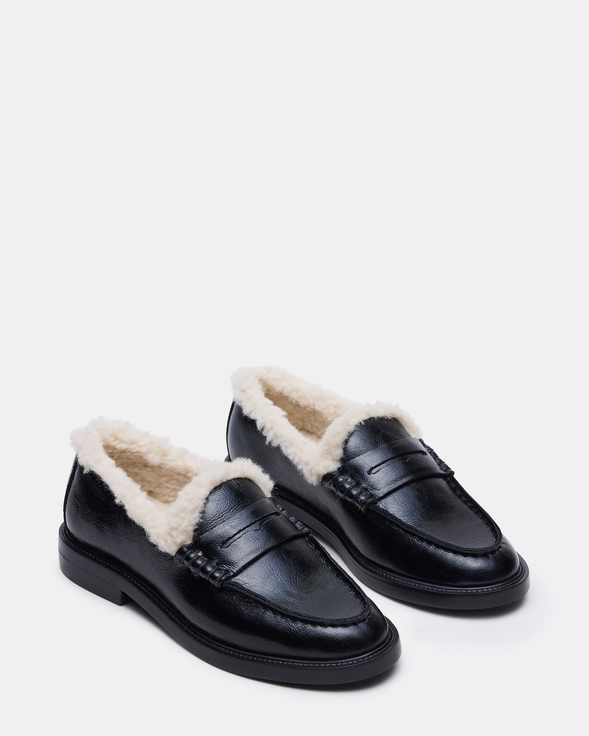 MADISON Faux Fur Black Leather Women's Penny Loafer | Steve Madden New