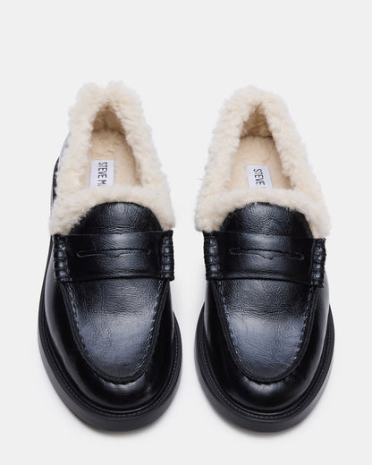 MADISON Faux Fur Black Leather Women's Penny Loafer | Steve Madden New