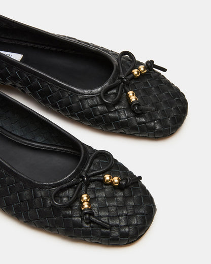 DIVY Black Leather Woven Bow Ballet Round-Toe Women's Flat | Steve Madden Signature