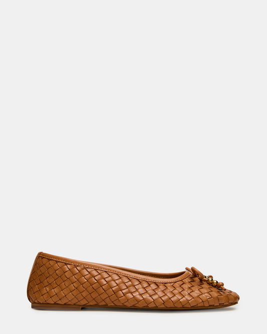 DIVY Cognac Leather Woven Bow Ballet Round-Toe Women's Flat | Steve Madden Quality