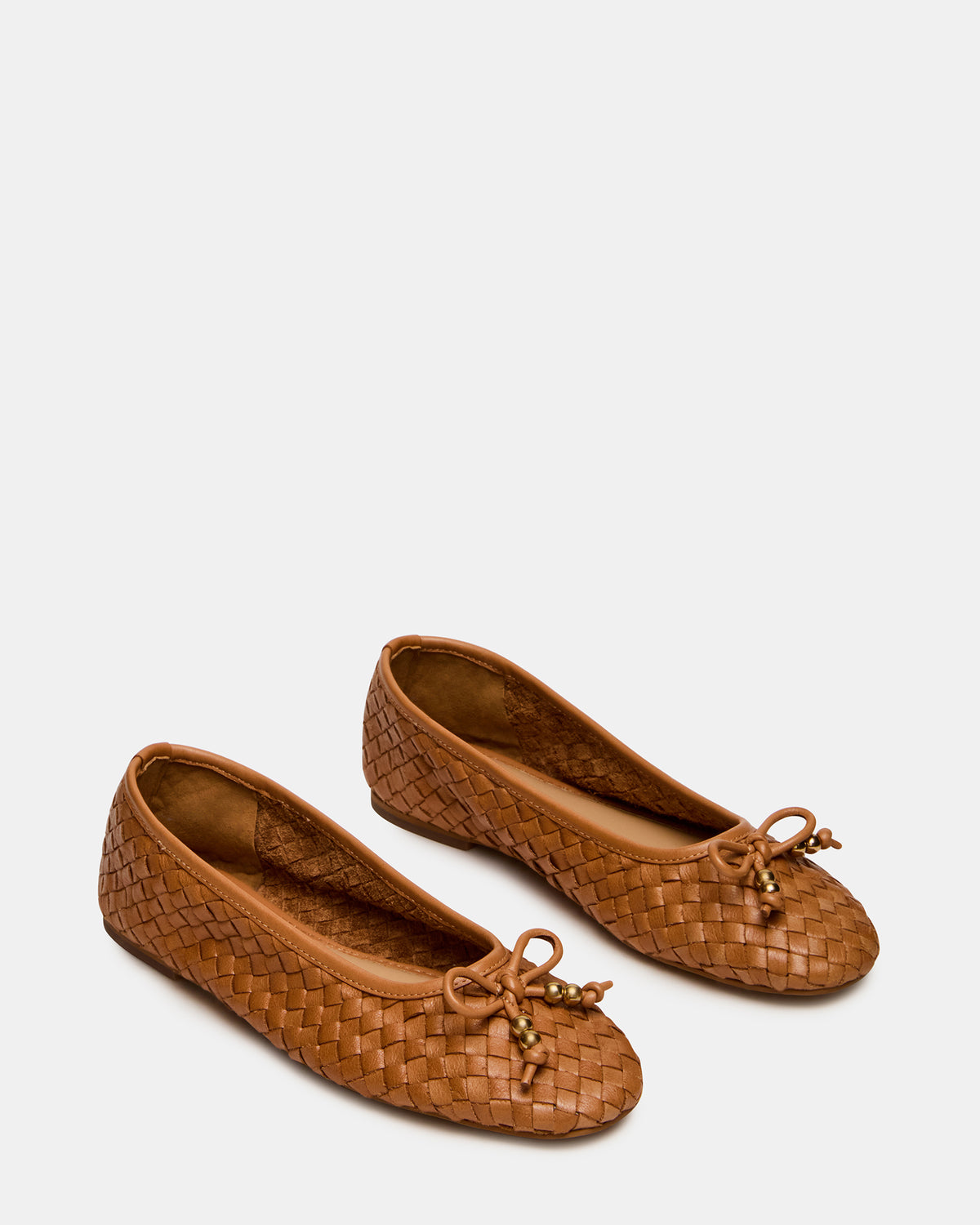 DIVY Cognac Leather Woven Bow Ballet Round-Toe Women's Flat | Steve Madden Quality